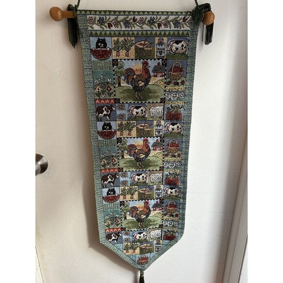TAPESTRY RUNNER AND BANNER ROOSTER,COW, FRUITS, PATCHWORK,Natco  64” Long - Picture 1 of 6
